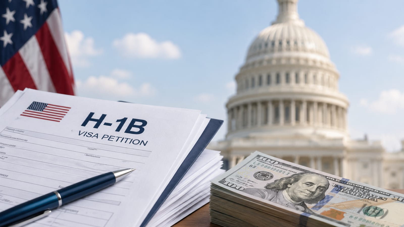 H-1B visa petition form, US flag, Capitol building, and money