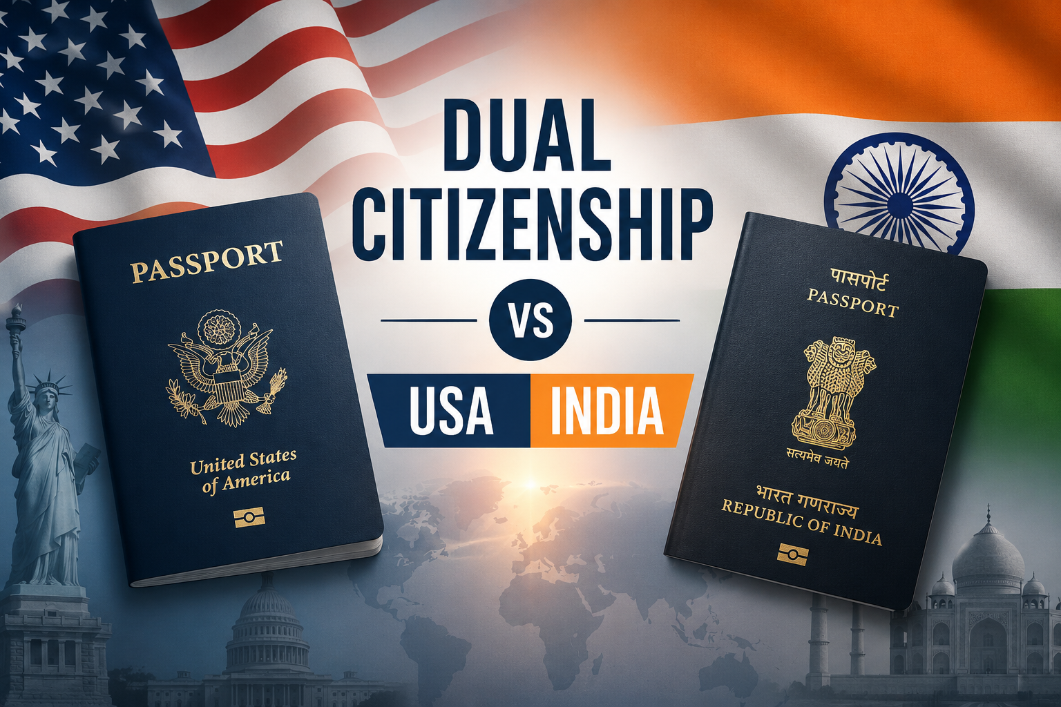 USA vs. India dual citizenship passports, with flags and landmarks. Visa & Immigration.