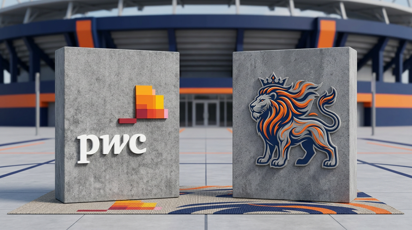 PwC logo and Texas Super Kings lion logo on concrete blocks in front of stadium