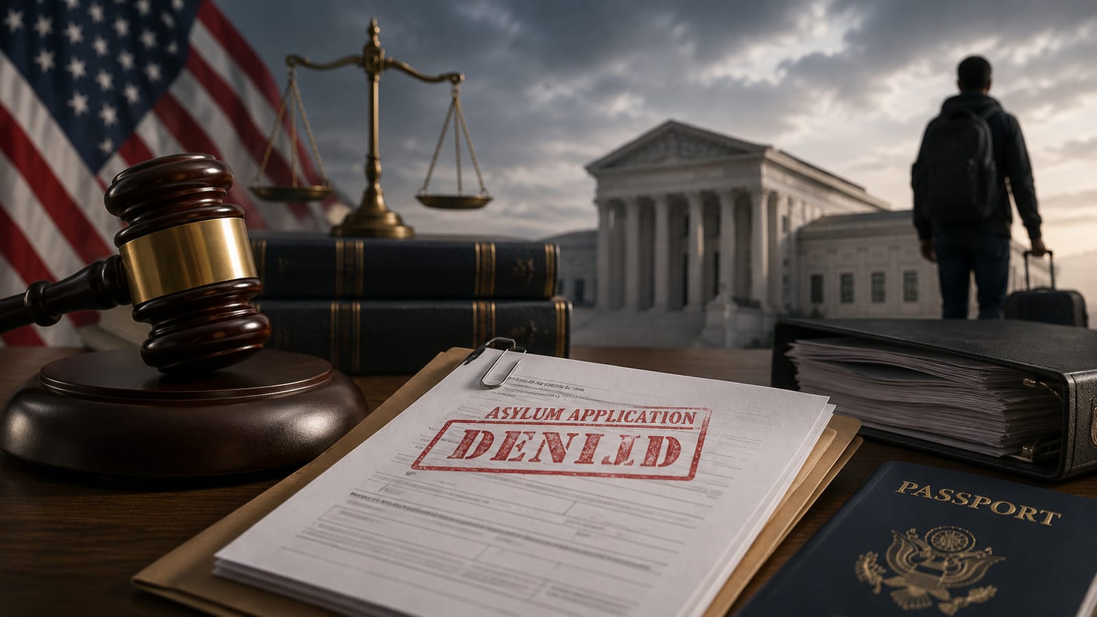 Denied asylum application with gavel, scales of justice, and US flag