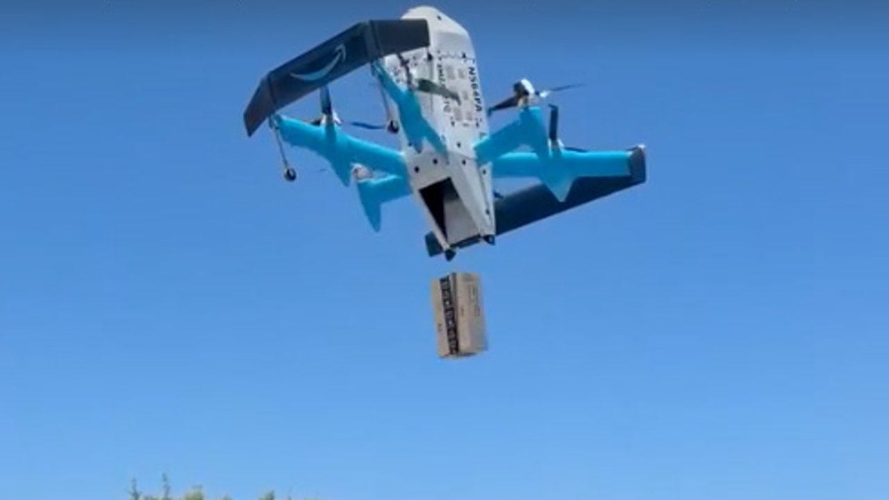 Amazon drone delivers package, which falls into a pool in Texas news.