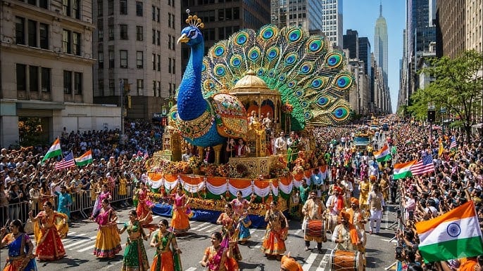 Indian American culture celebrated with a vibrant peacock float and parade.