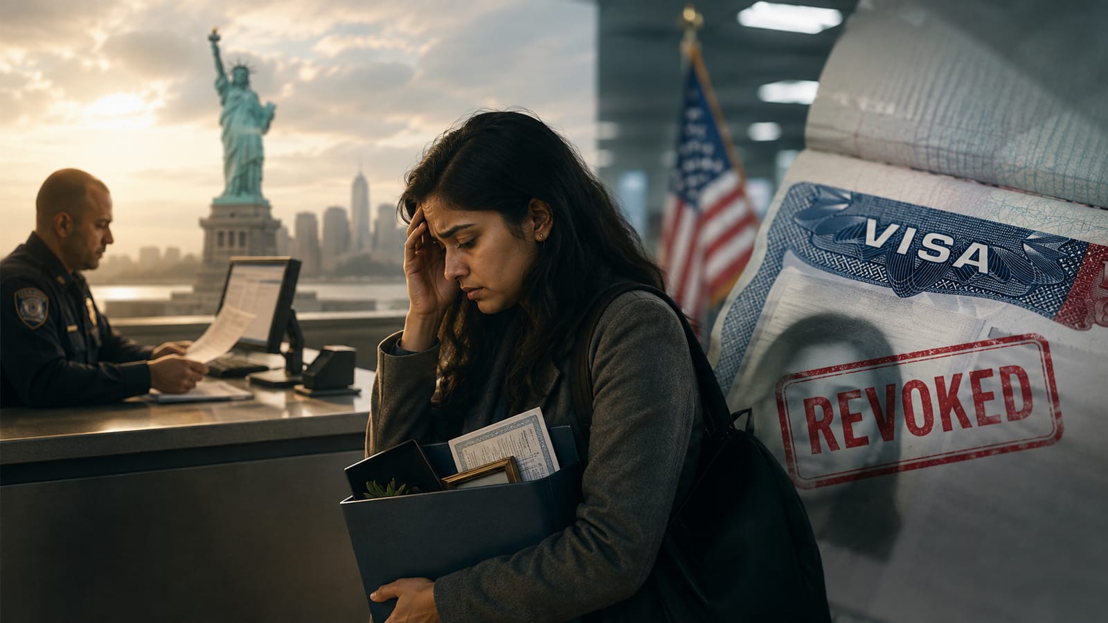 Indian woman with H-1B visa revoked, carrying box, Statue of Liberty background