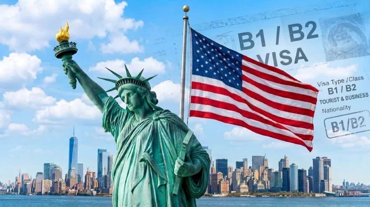 Statue of Liberty, US flag, and B1/B2 visa details, symbolizing US immigration