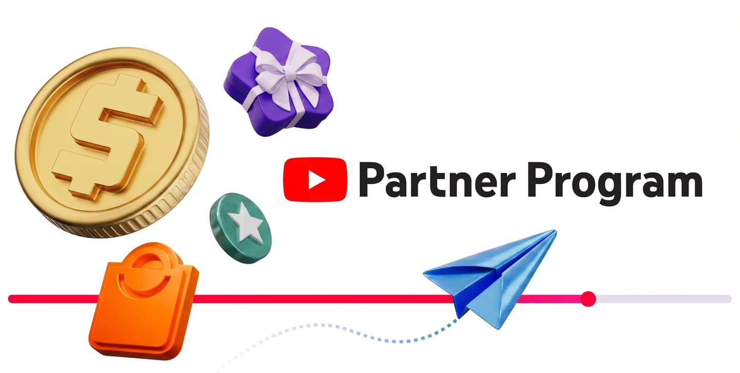 YouTube Partner Program icon and symbols representing rewards and growth.