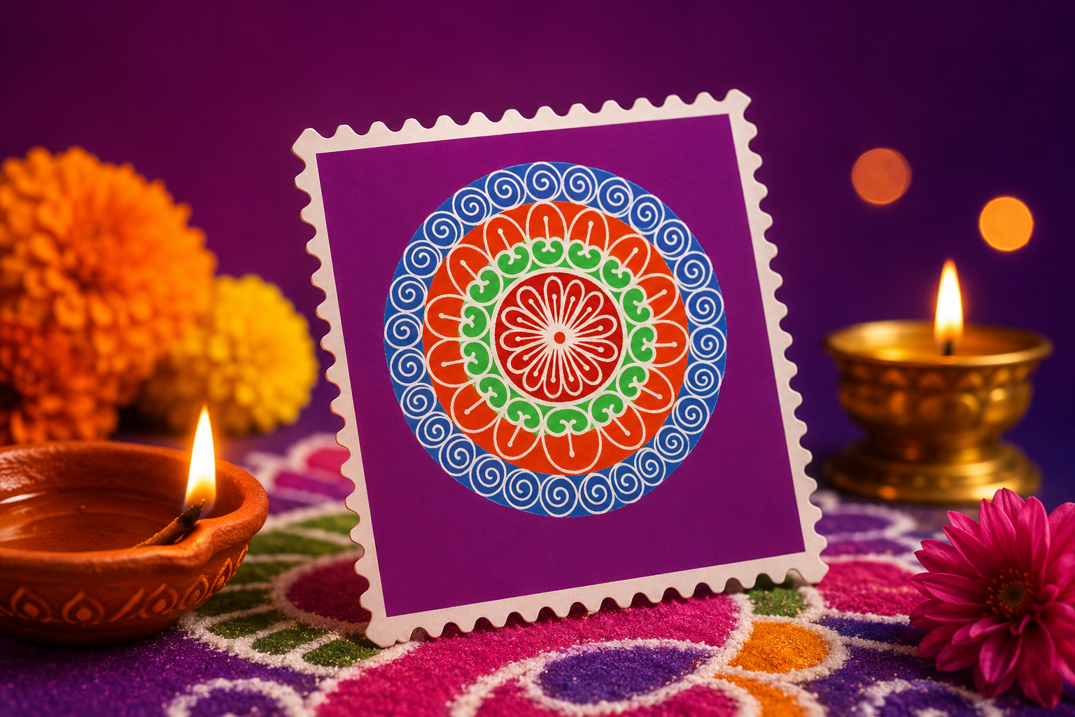 Diwali stamp featuring a colorful mandala design, lit diyas, and marigolds.