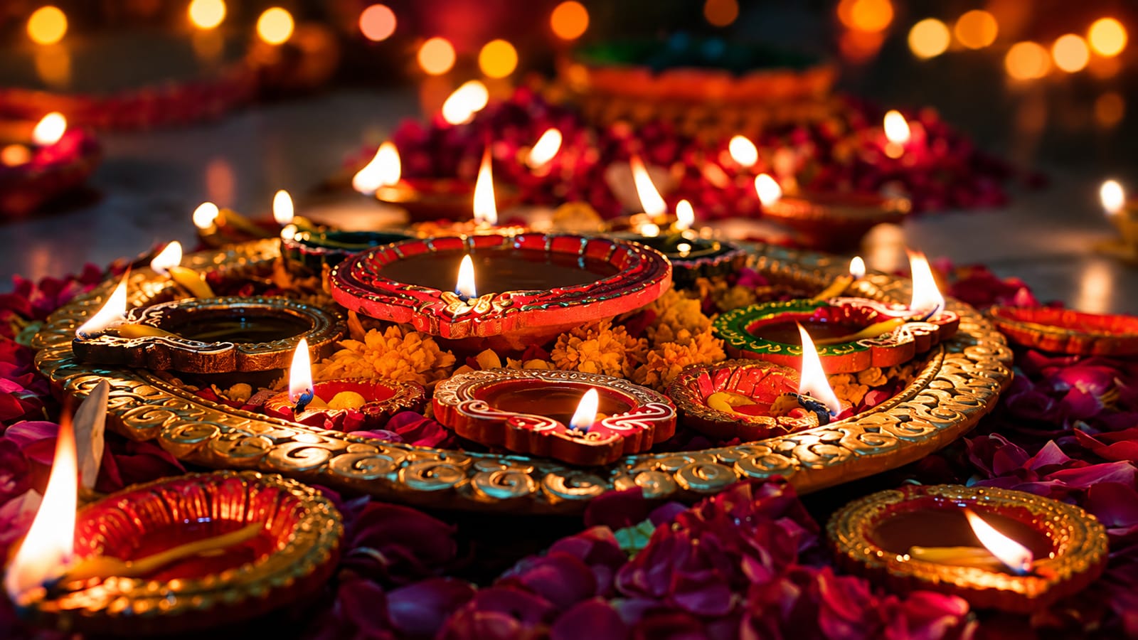 Diwali lamps and flower petals, celebrating Indian culture.