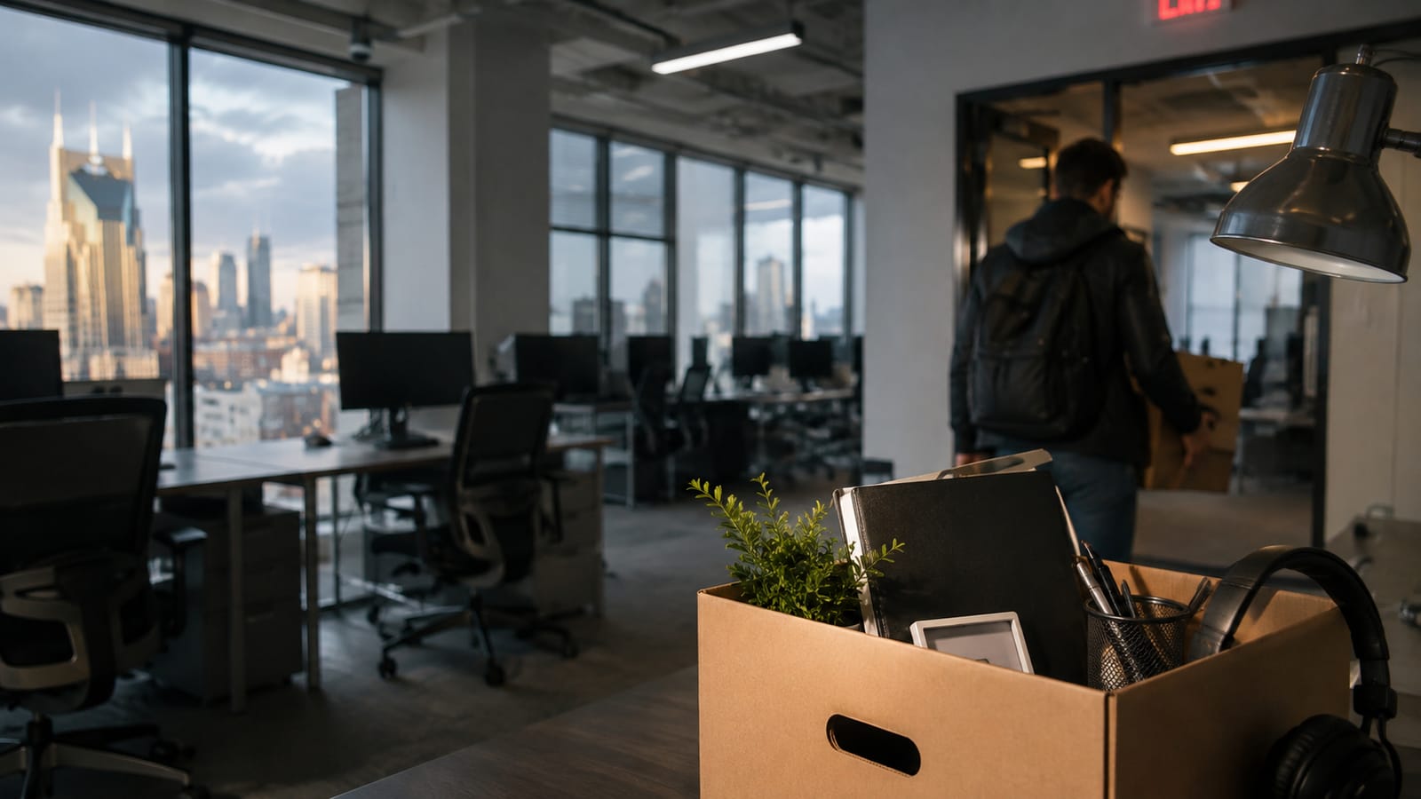 TikTok Nashville office closure: man carries box of belongings out of empty workspace.