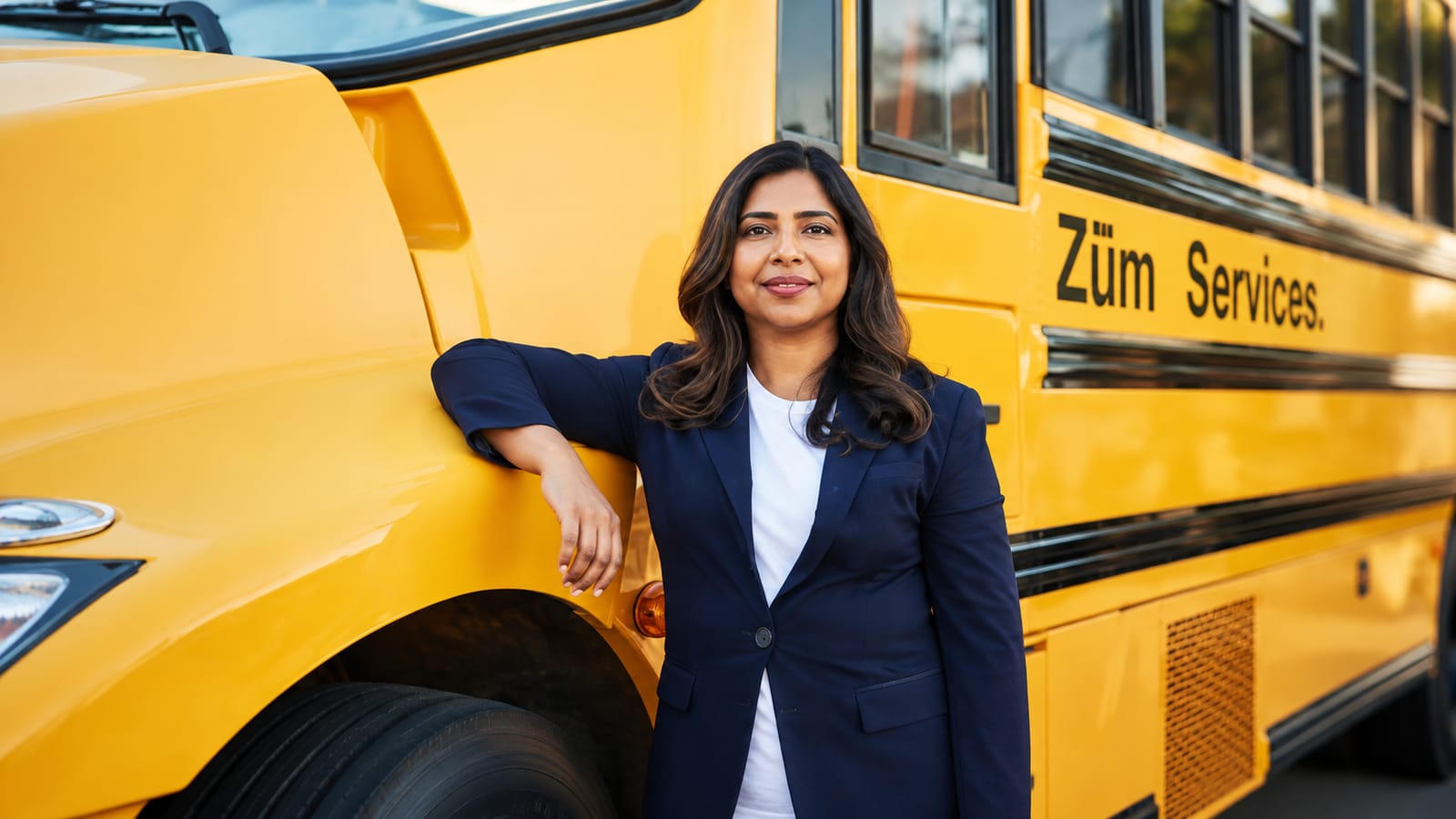 Indian-American founder of Zum Services, a tech school bus startup, smiles by a bus.