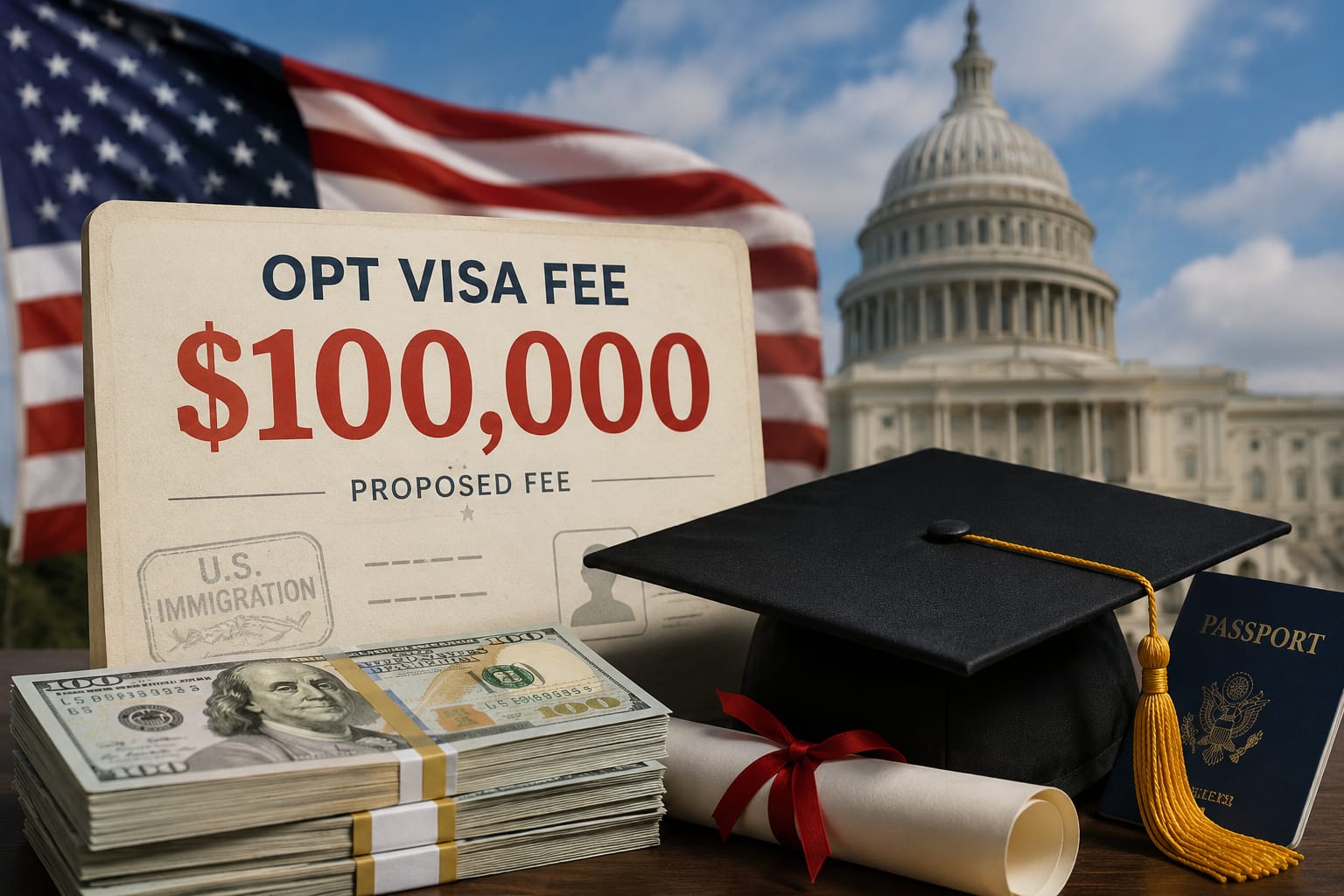 US proposes $100K OPT visa fee: Graduation cap, passport, money, US flag, Capitol.