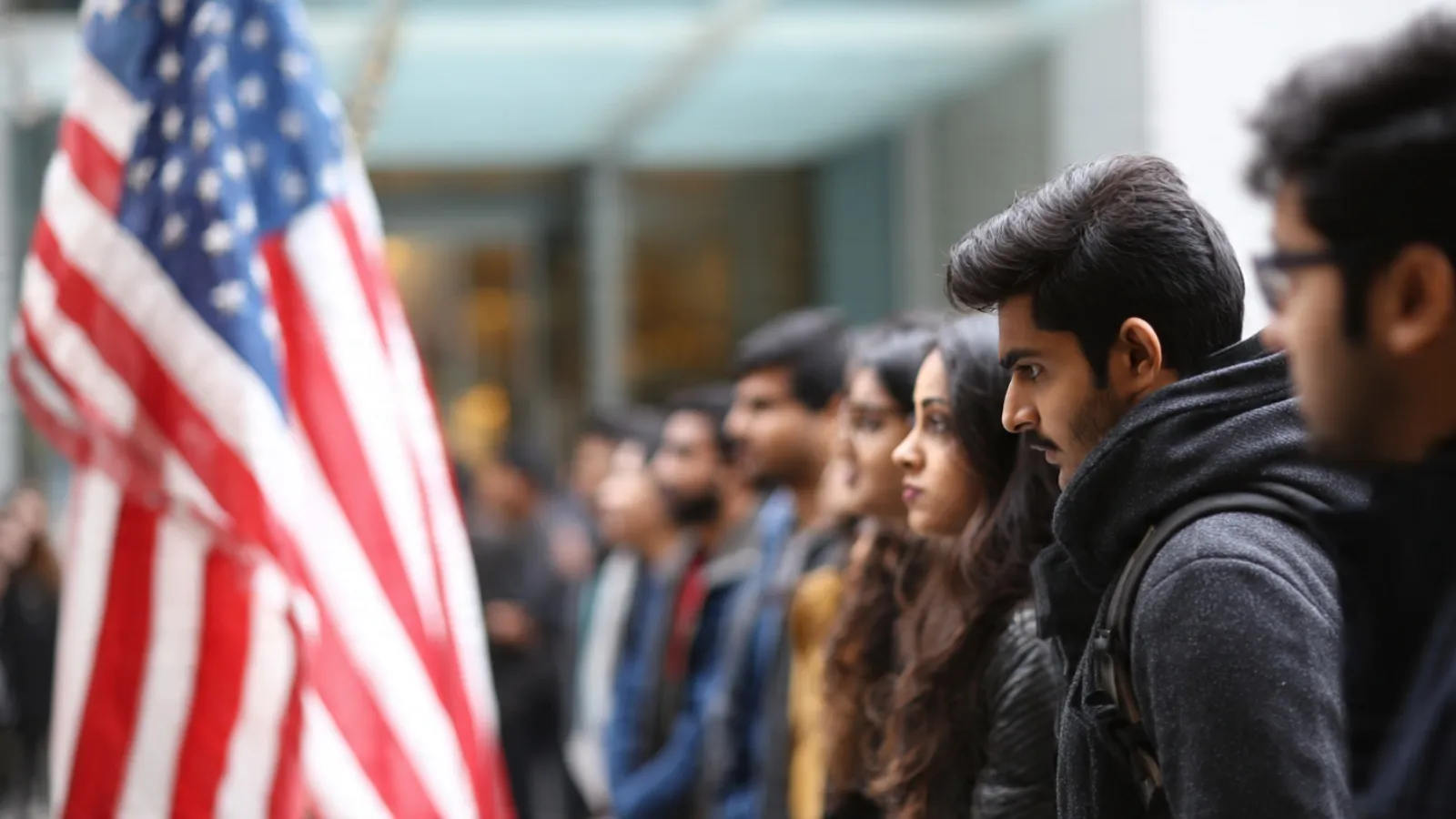 Indian students in line, with US flag, facing visa & immigration challenges.