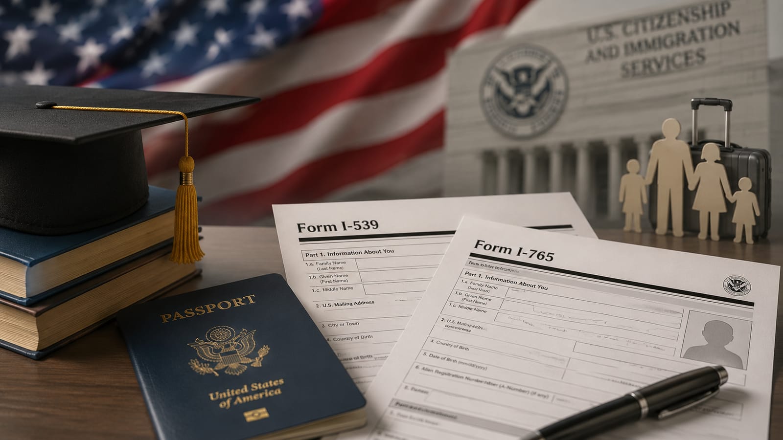 US visa and immigration forms, passport, graduation cap, and US flag