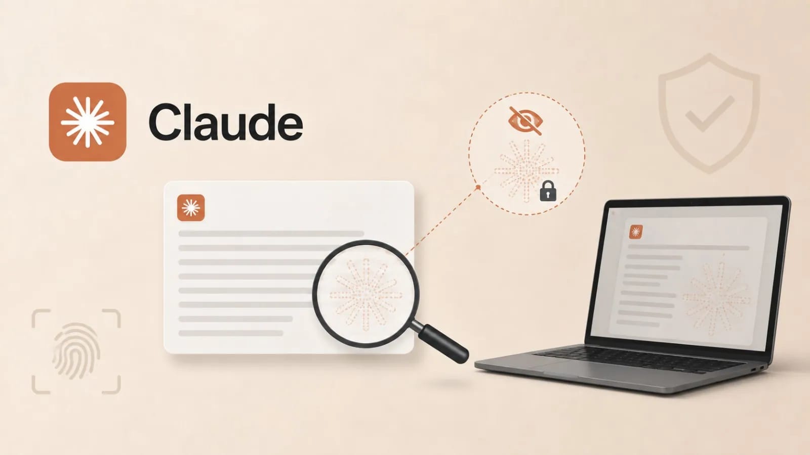 Claude AI logo, document, magnifying glass, and laptop illustrating invisible watermarking news