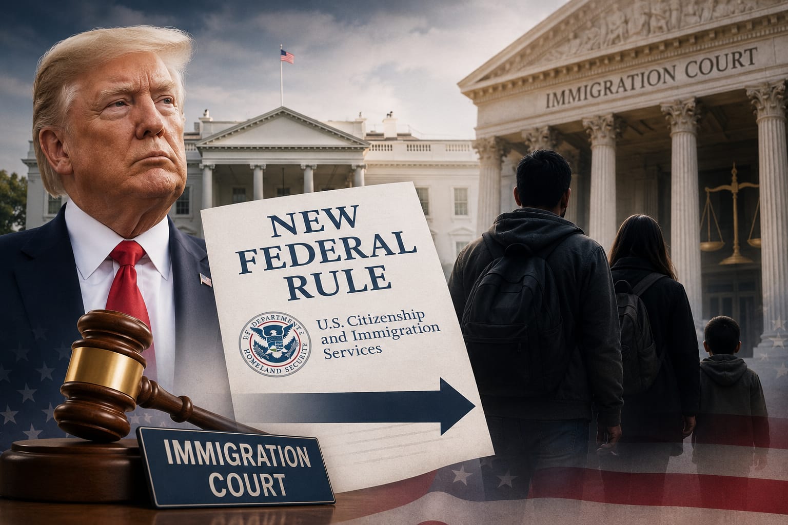 Donald Trump, immigration court gavel, and asylum seekers near White House and immigration court building.