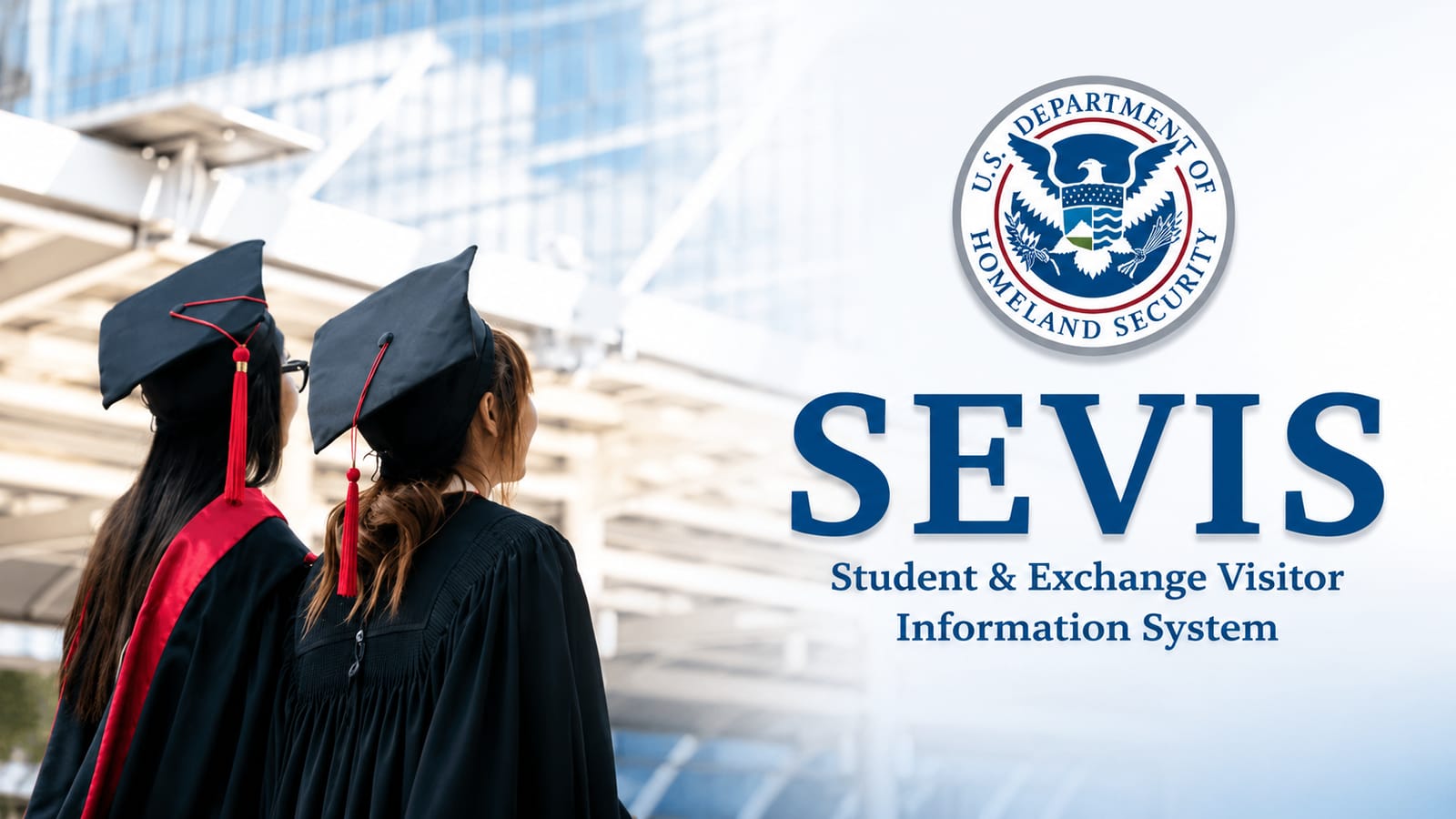 SEVIS logo and two graduates, relevant to SEVP warning on CPT checks for foreign students.