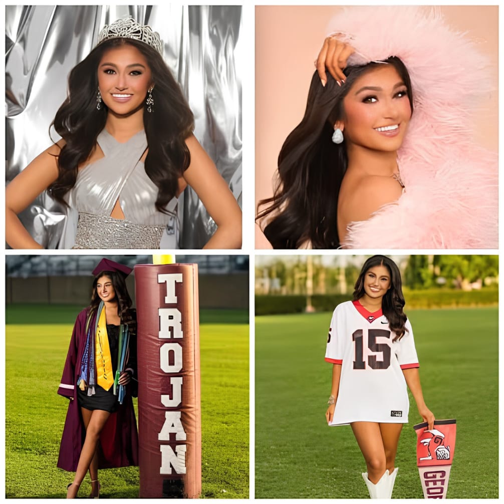 Miss Georgia USA, a teen of Indian American heritage, poses in pageant attire and graduation regalia.
