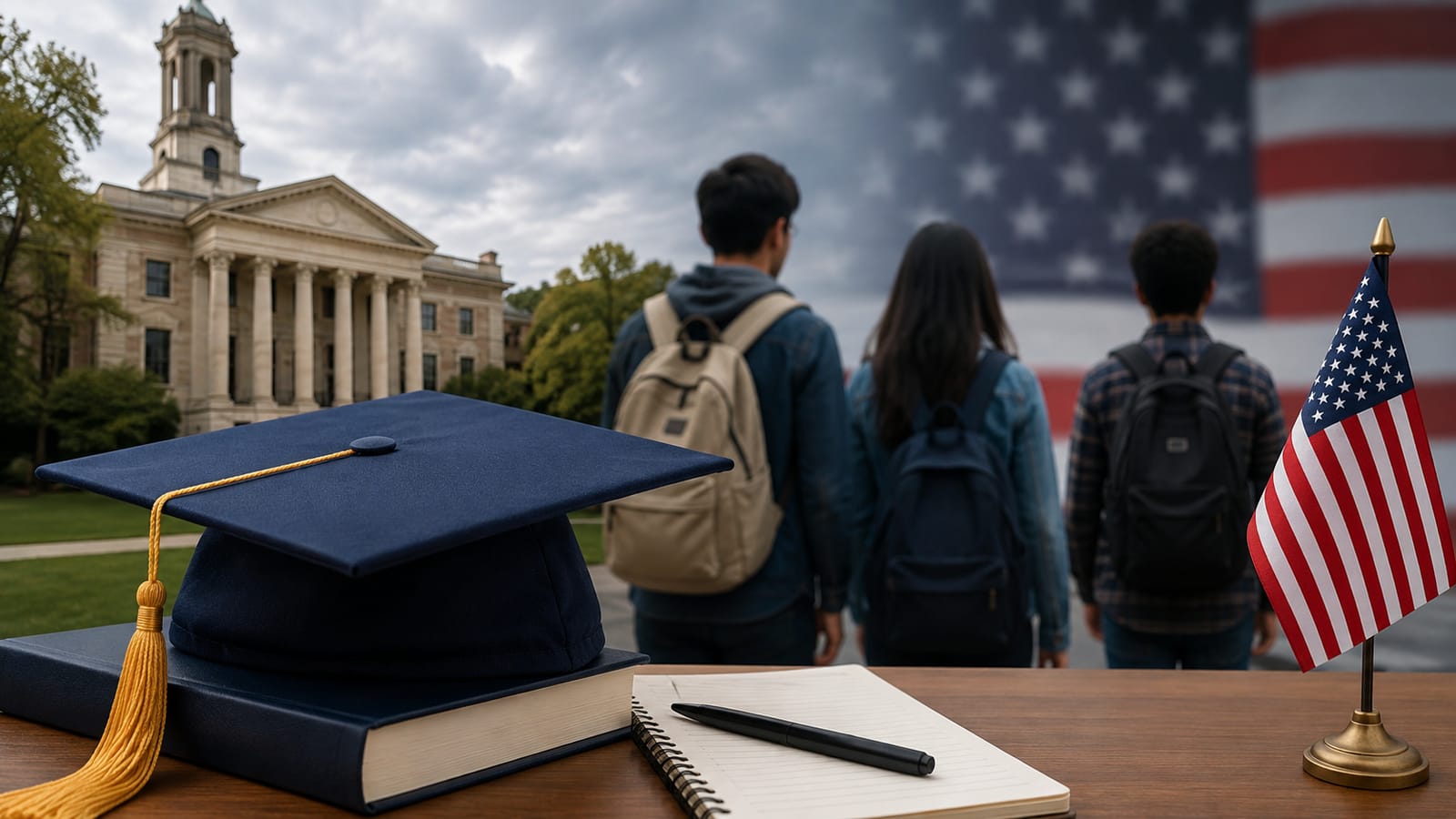 US university graduation cap, books, students, and flag; CPT visa concerns