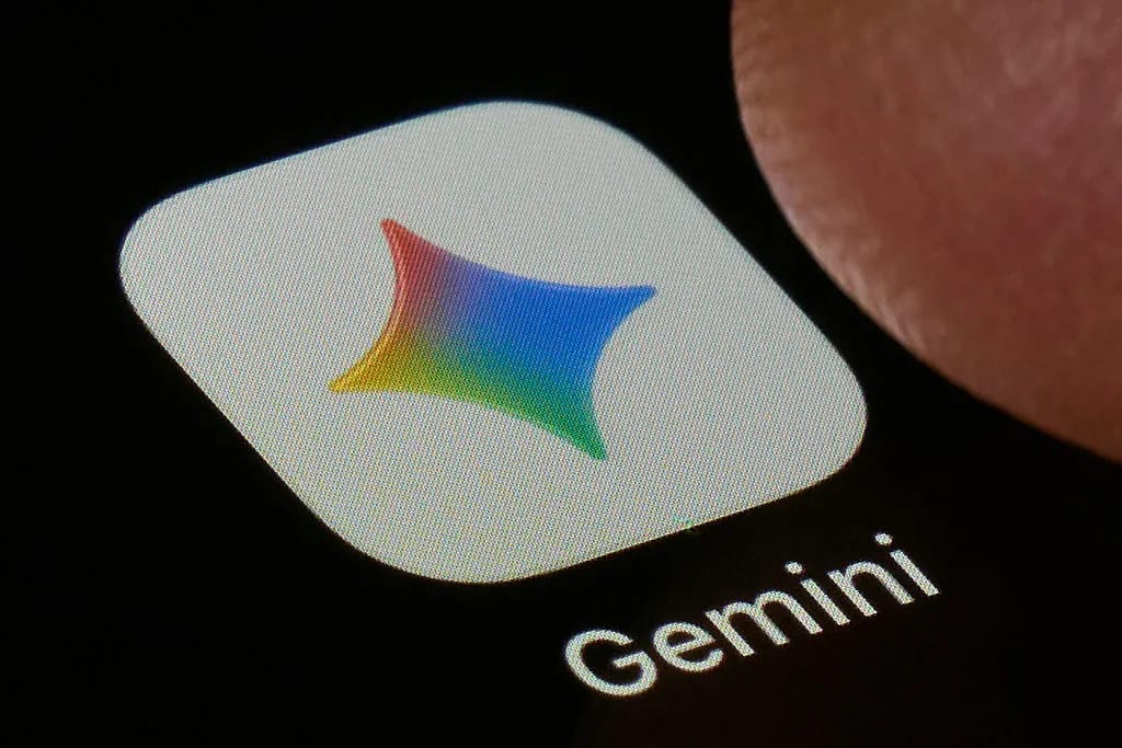 Gemini AI app icon on a smartphone screen, with text "Gemini
