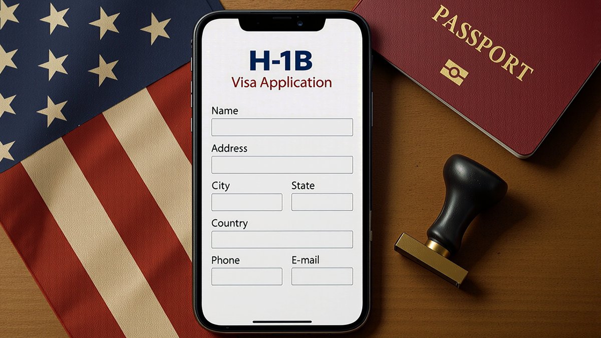 H-1B visa application on phone, US flag, passport, stamp