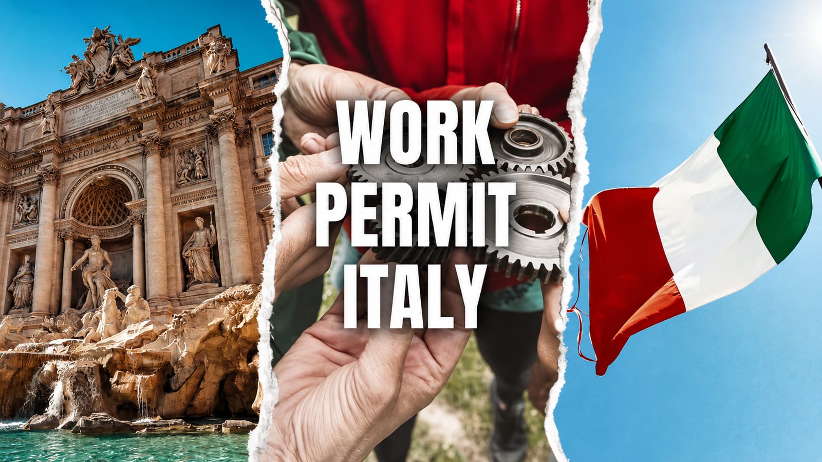 Work permit Italy: Trevi Fountain, gears, and Italian flag for tech professionals