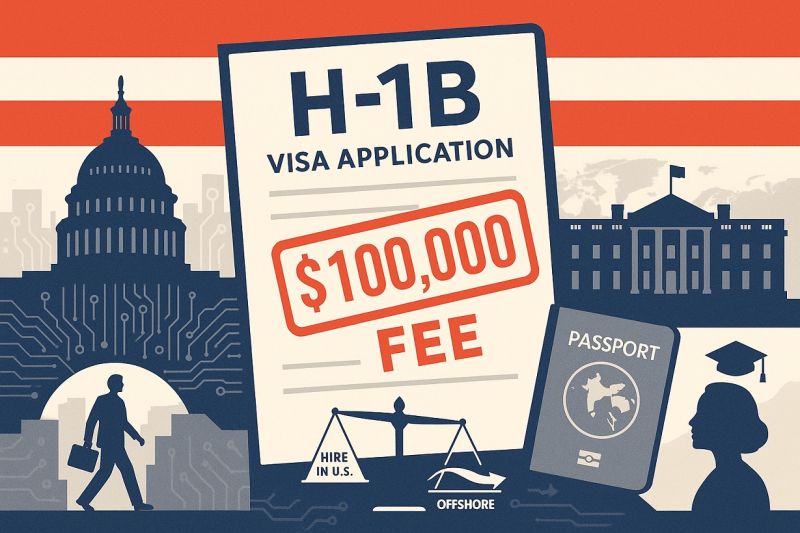 $100,000 H-1B visa fee application with US landmarks, passport, and scale.