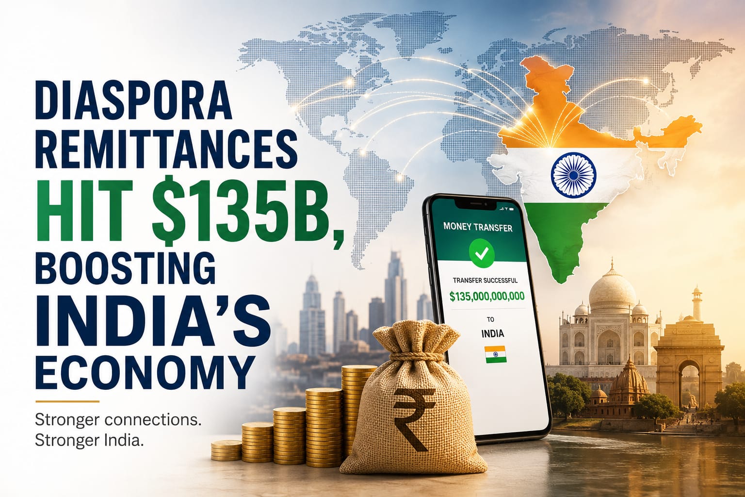 India's economy boosted by $135B diaspora remittances, shown with coins, money bag, and phone.