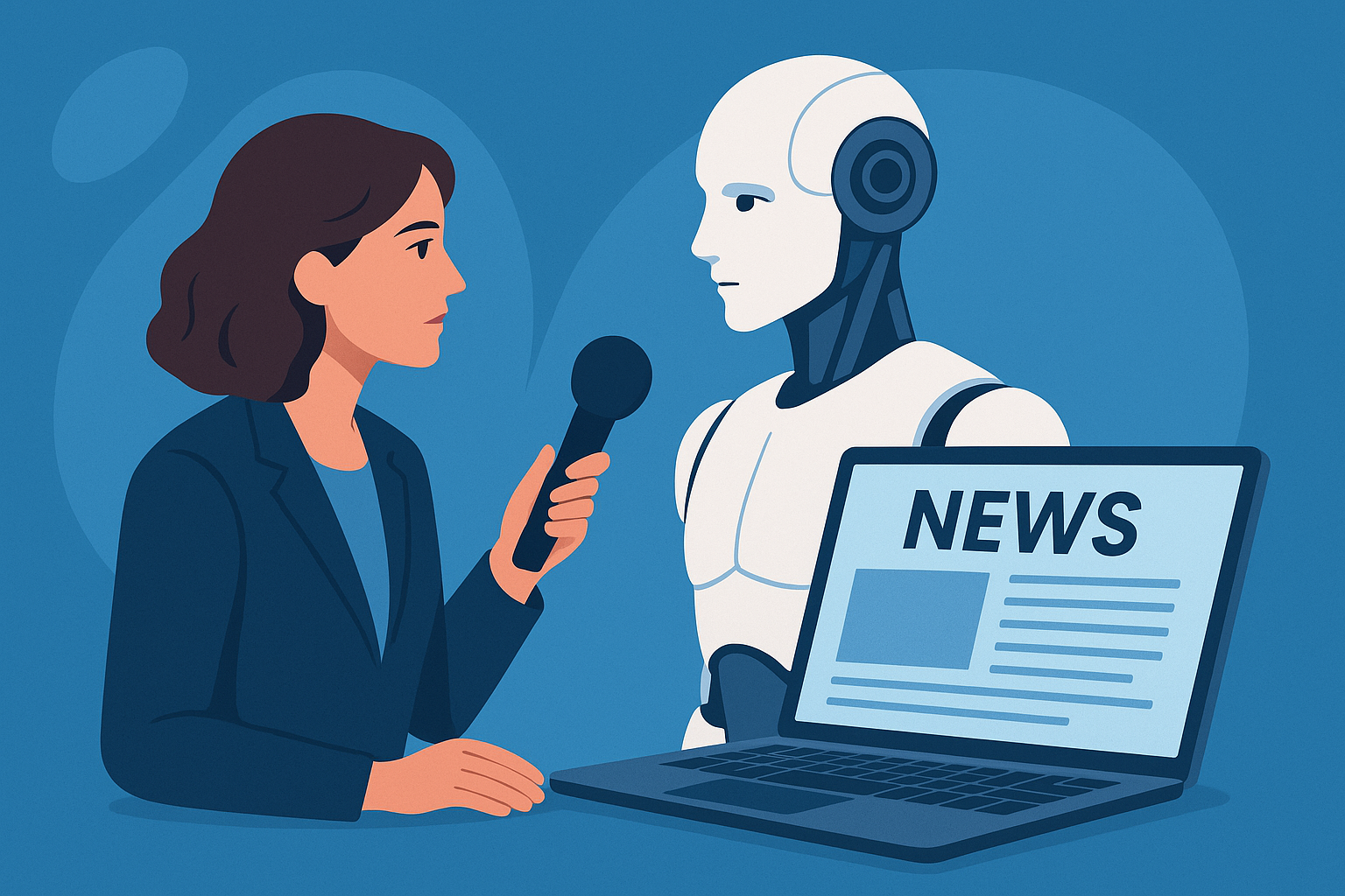 Journalist interviews AI robot about news tech, symbolizing AI in journalism.