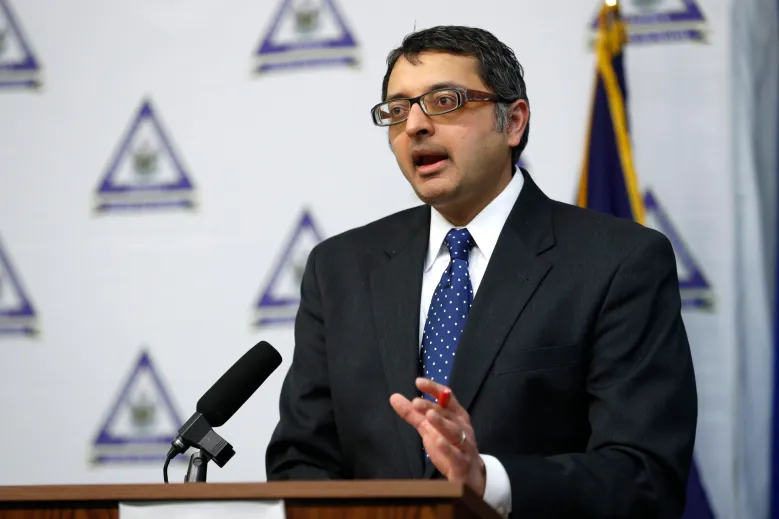 Nirav Shah, Indian-American candidate in Maine US Senate race, speaks at podium.