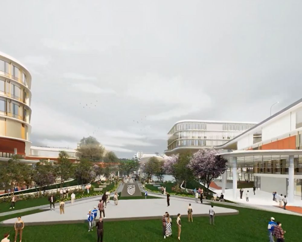 Modern university campus with students walking on green lawns