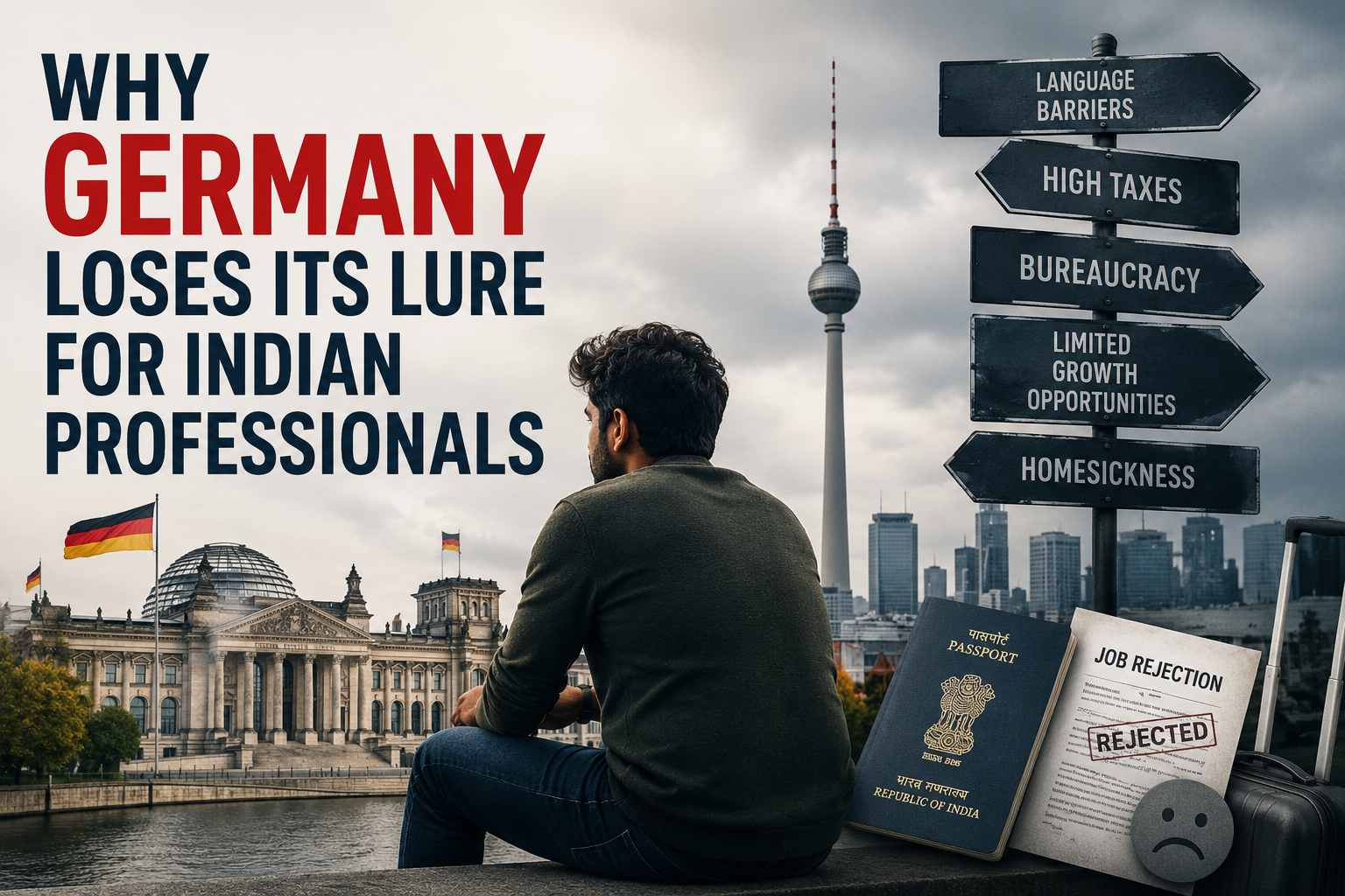 Indian professional contemplating Germany's challenges: language, high taxes, bureaucracy, limited growth, homesickness.