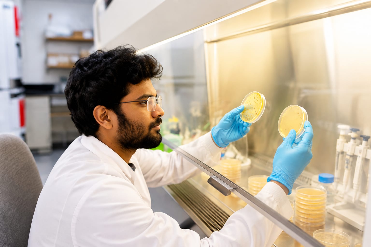 Indian researcher examines petri dishes in a lab, news for gut microbiome study.