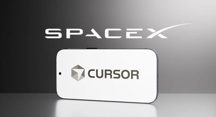 SpaceX logo above a phone displaying the Cursor tech logo