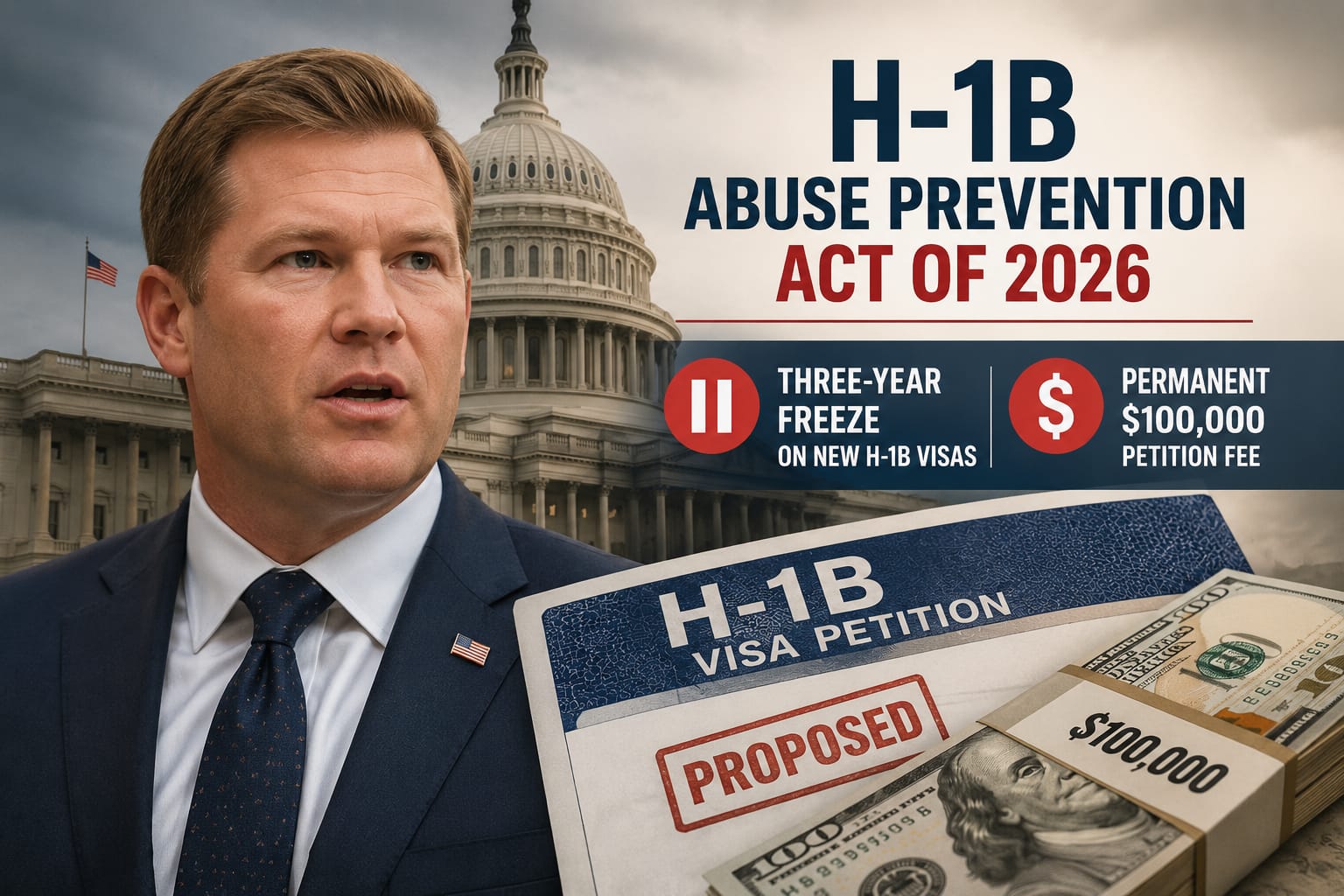 US Senator with Capitol dome, H-1B Abuse Prevention Act of 2026, 3-year freeze, $100,000 fee