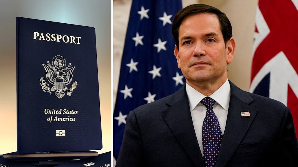 US passport next to Senator Marco Rubio, discussing passport photo policy.