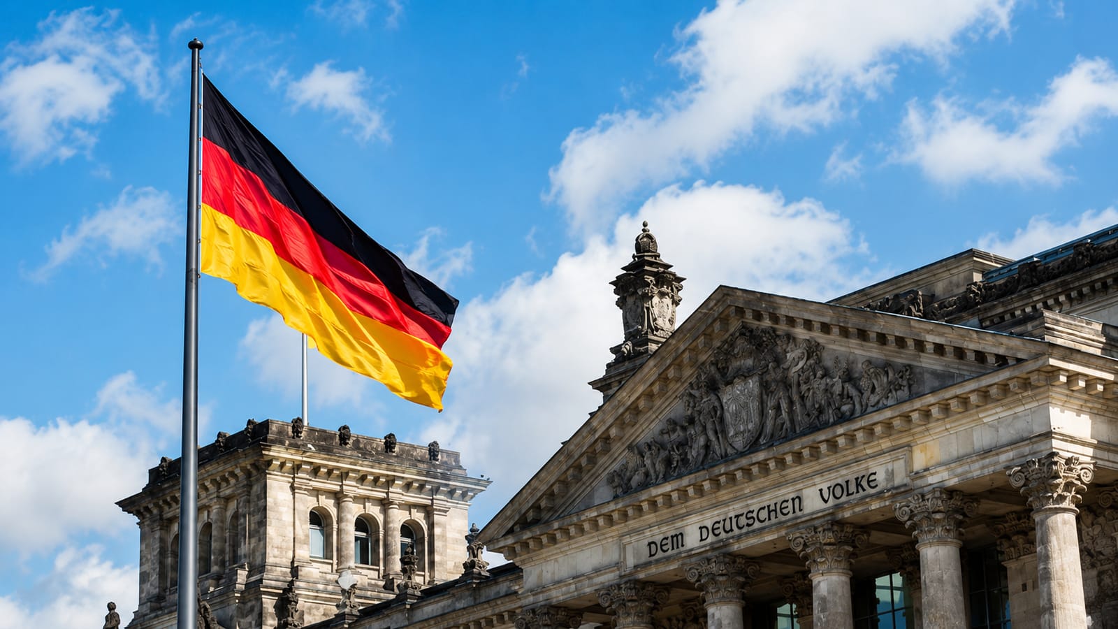 German flag flies in front of Reichstag building, symbolizing Germany's immigration policies.