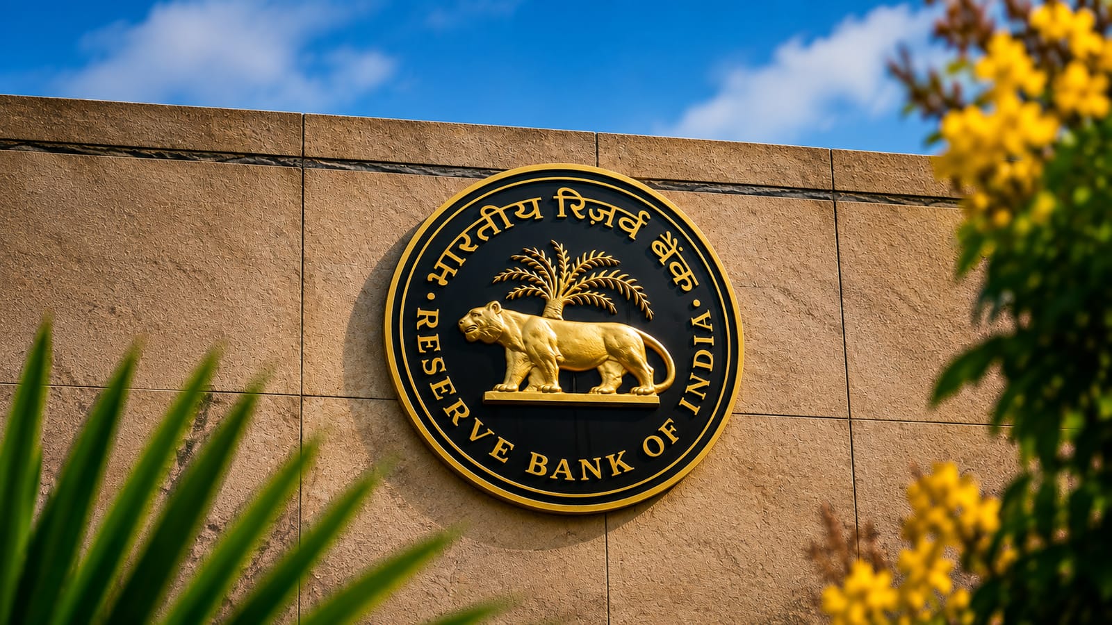 RBI emblem on building wall, symbolizing Indian business and finance