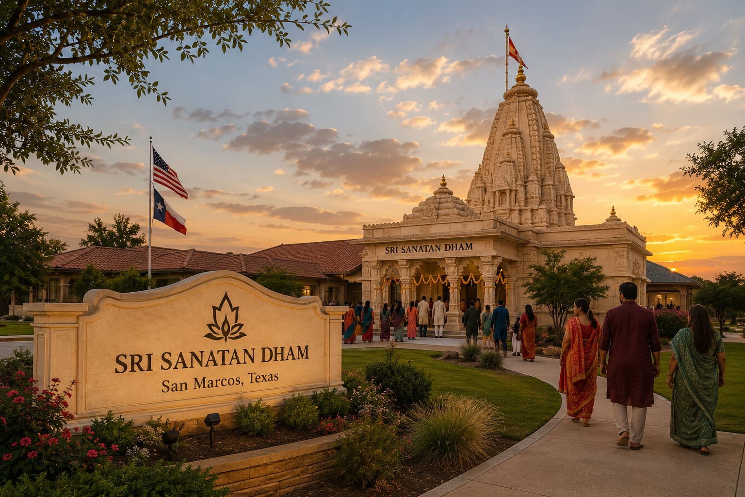 Sri Sanatan Dham temple in San Marcos, Texas, with flags and people