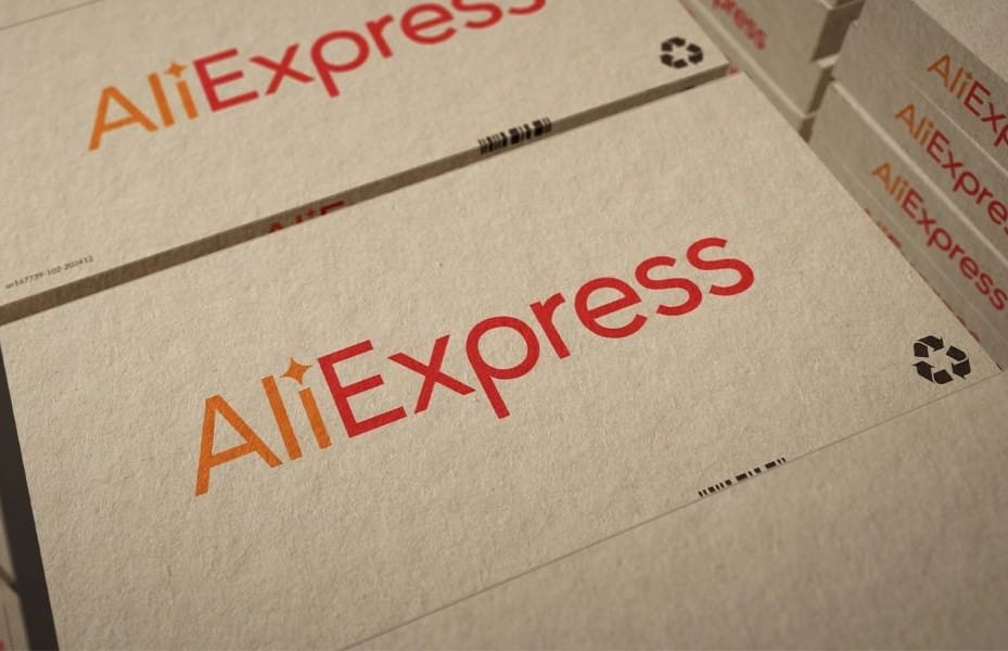 AliExpress packaging with the brand logo, relevant to the EU fine for counterfeit goods.