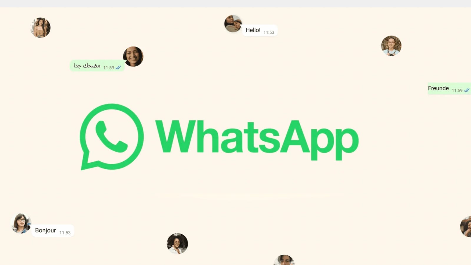 WhatsApp logo with chat bubbles in English, Arabic, and German