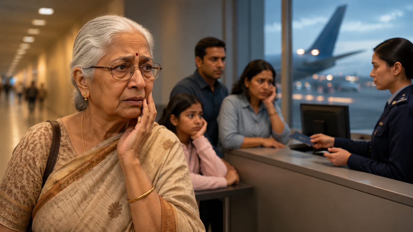 Elderly woman with family at airport immigration counter, visa issues