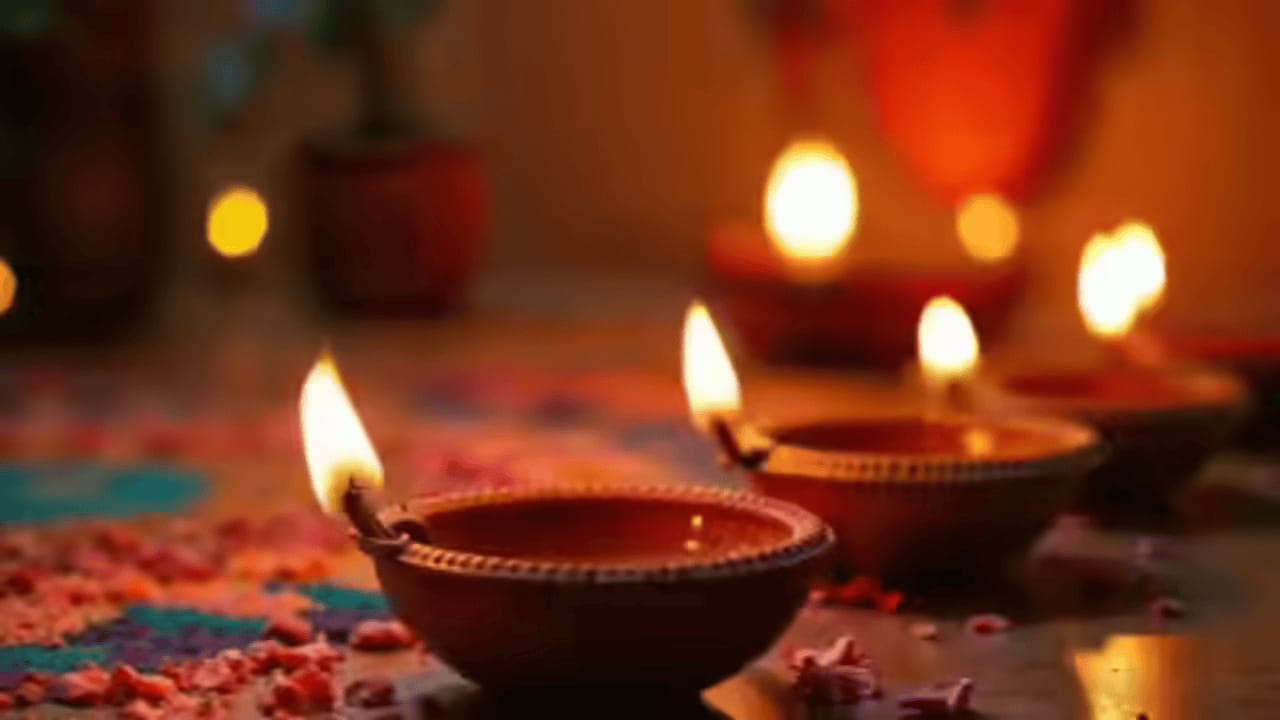 Diwali diyas and rangoli, celebrating Indian culture.