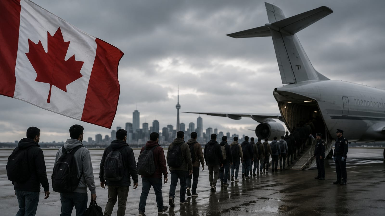 Canadians of Indian origin board a plane for deportation, Toronto skyline in background.