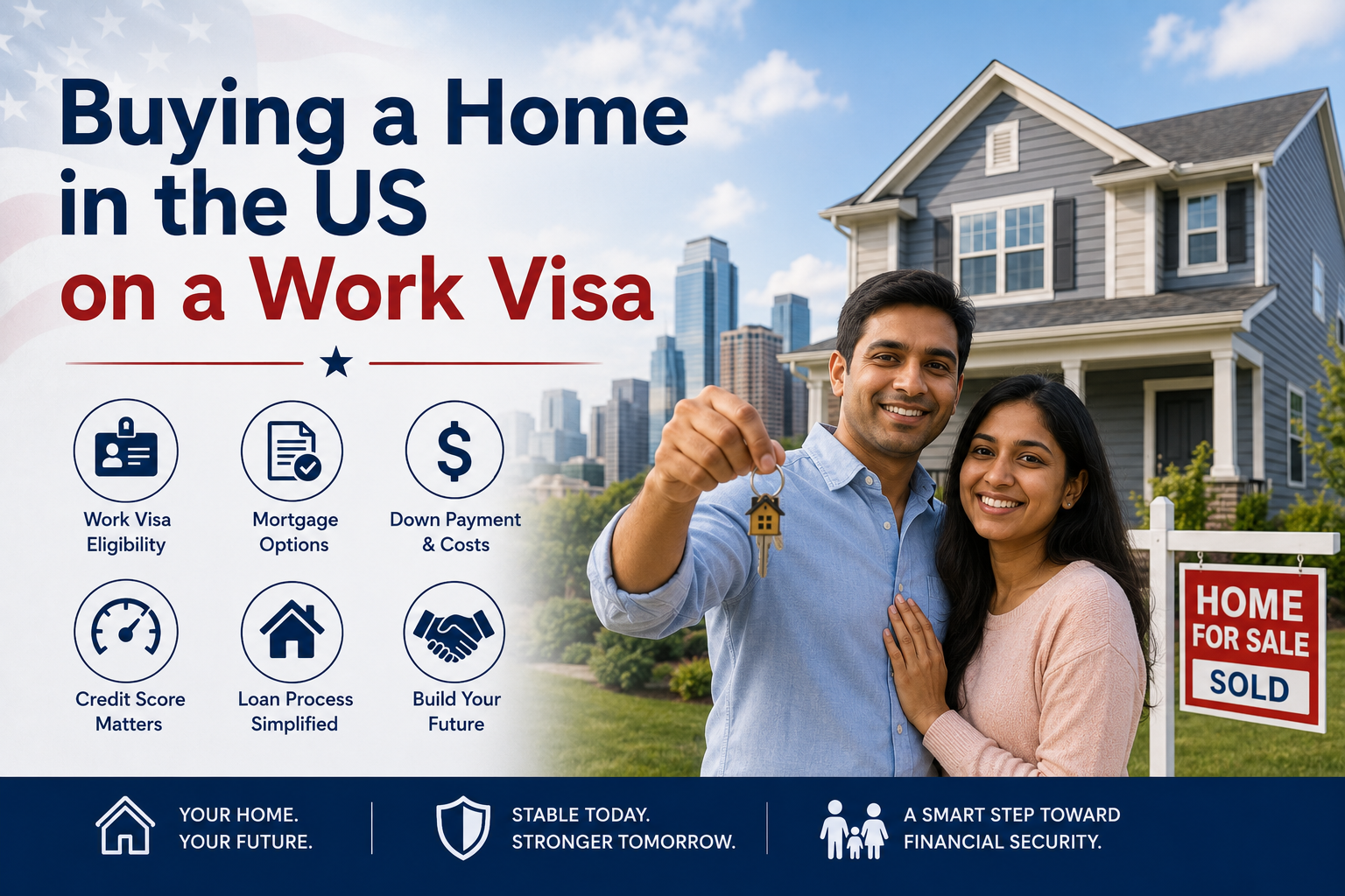 Couple buying a home in the US on a work visa, with icons for eligibility, mortgage, and credit score.