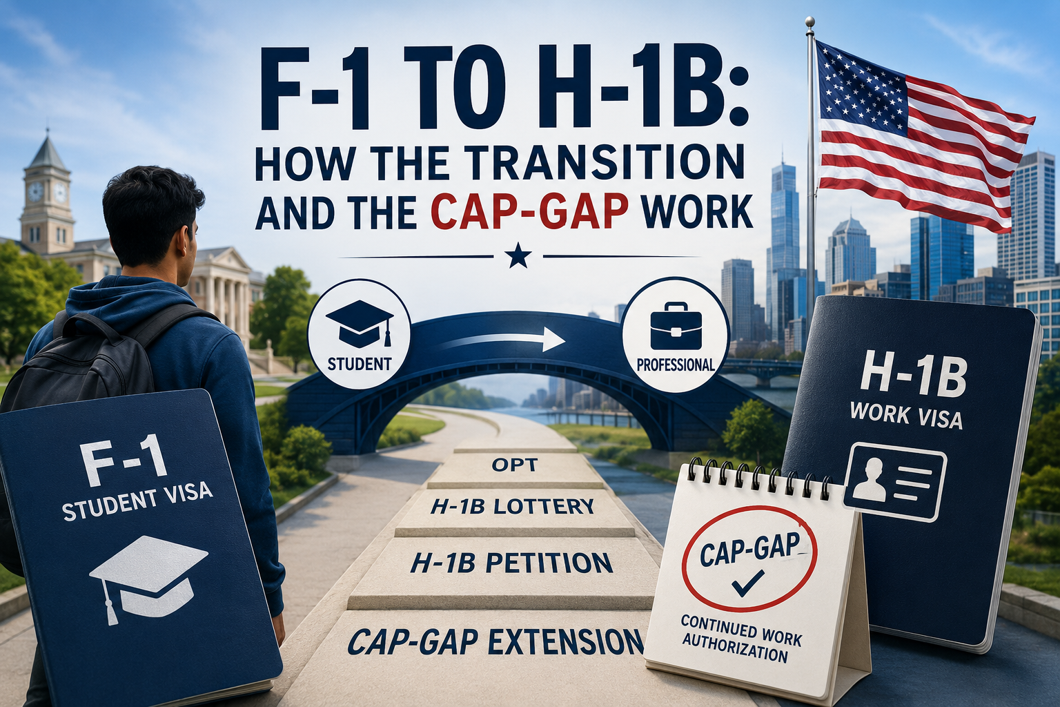 Illustration of F-1 to H-1B transition with cap-gap extension, American flag