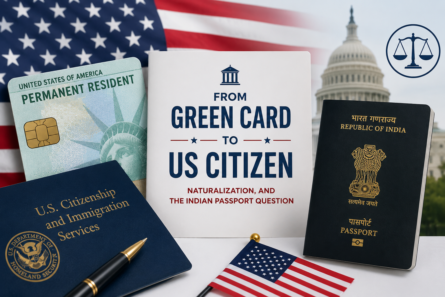 From Green Card to US Citizen book, US passport, Indian passport, Green Card, US flag, Capitol