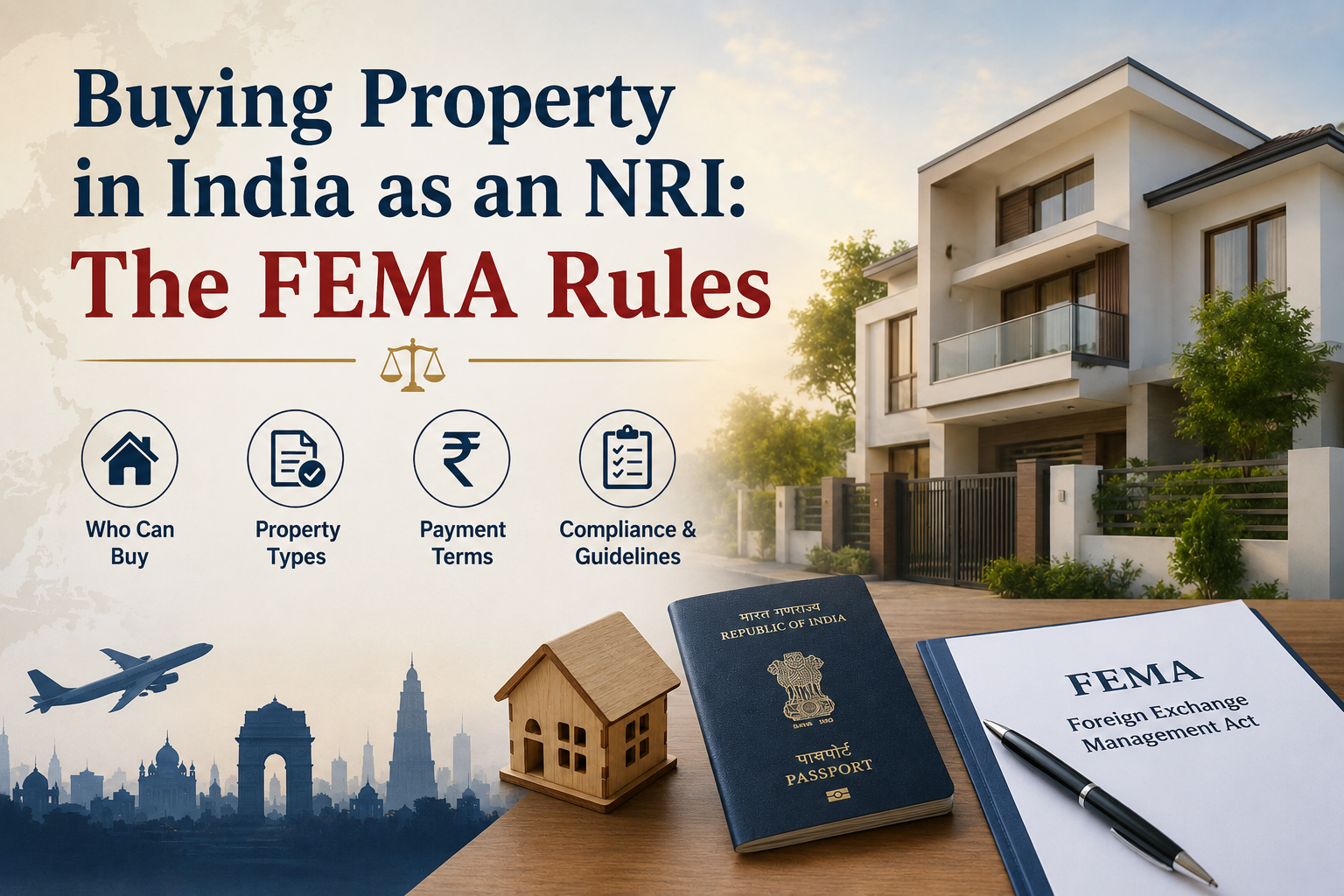 NRI guide to buying property in India: FEMA rules, Delhi skyline, modern house