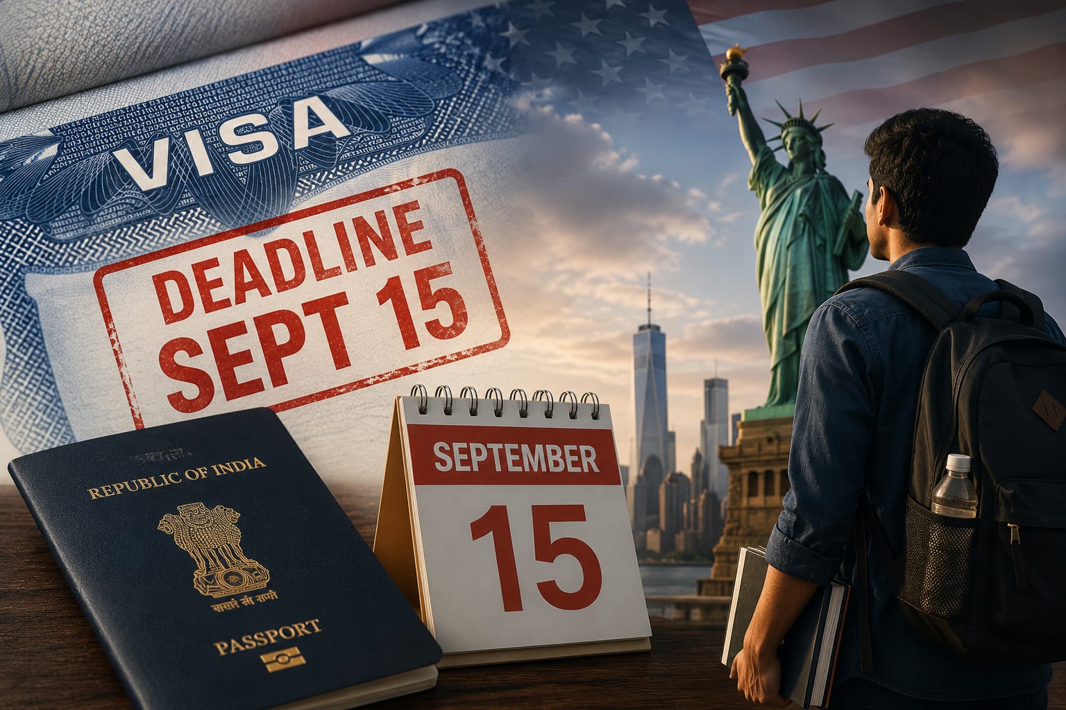 US visa deadline Sept 15 for Indian students: passport, calendar, Statue of Liberty