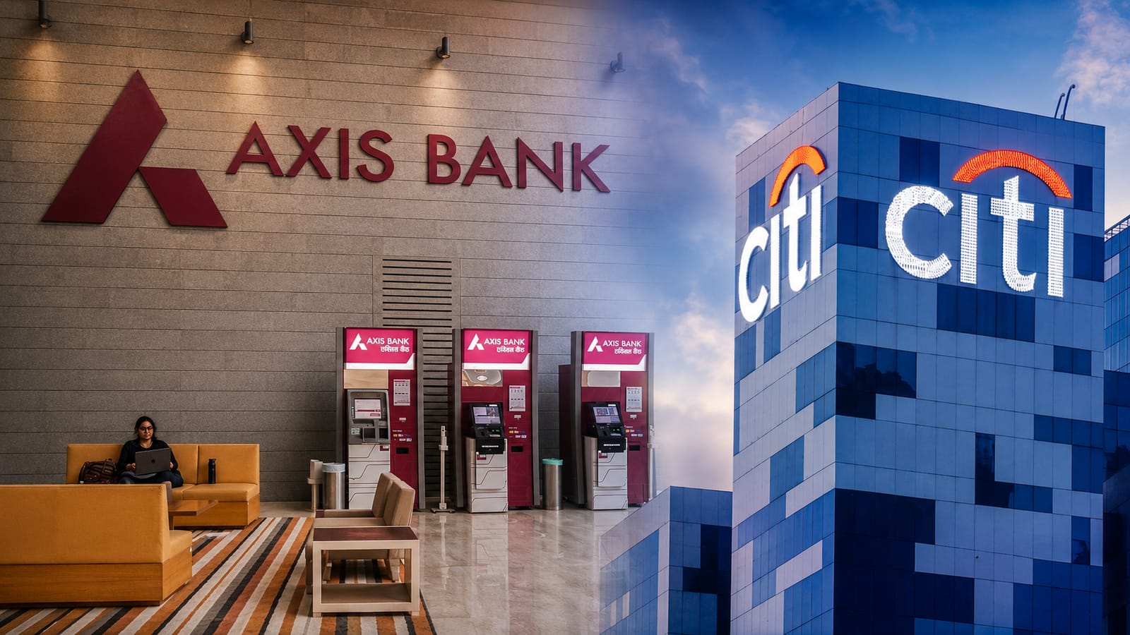 Axis Bank and Citigroup logos and branches, news of their tie-up.
