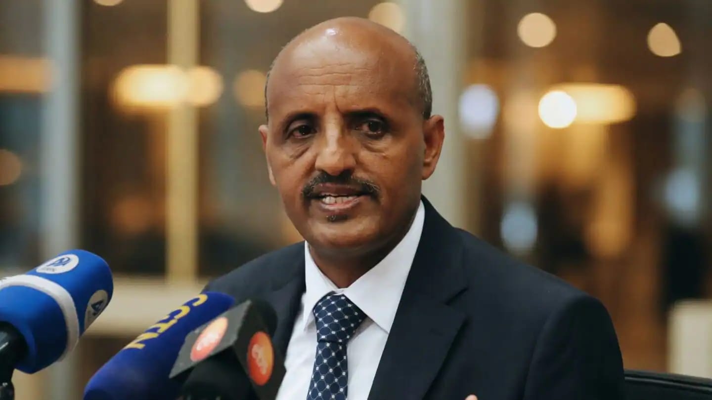 Tewolde Gebremariam, a business leader, speaks at a press conference.
