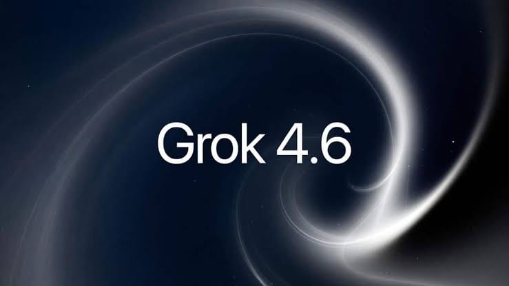 Grok 4.6 logo with swirling abstract background, tech AI
